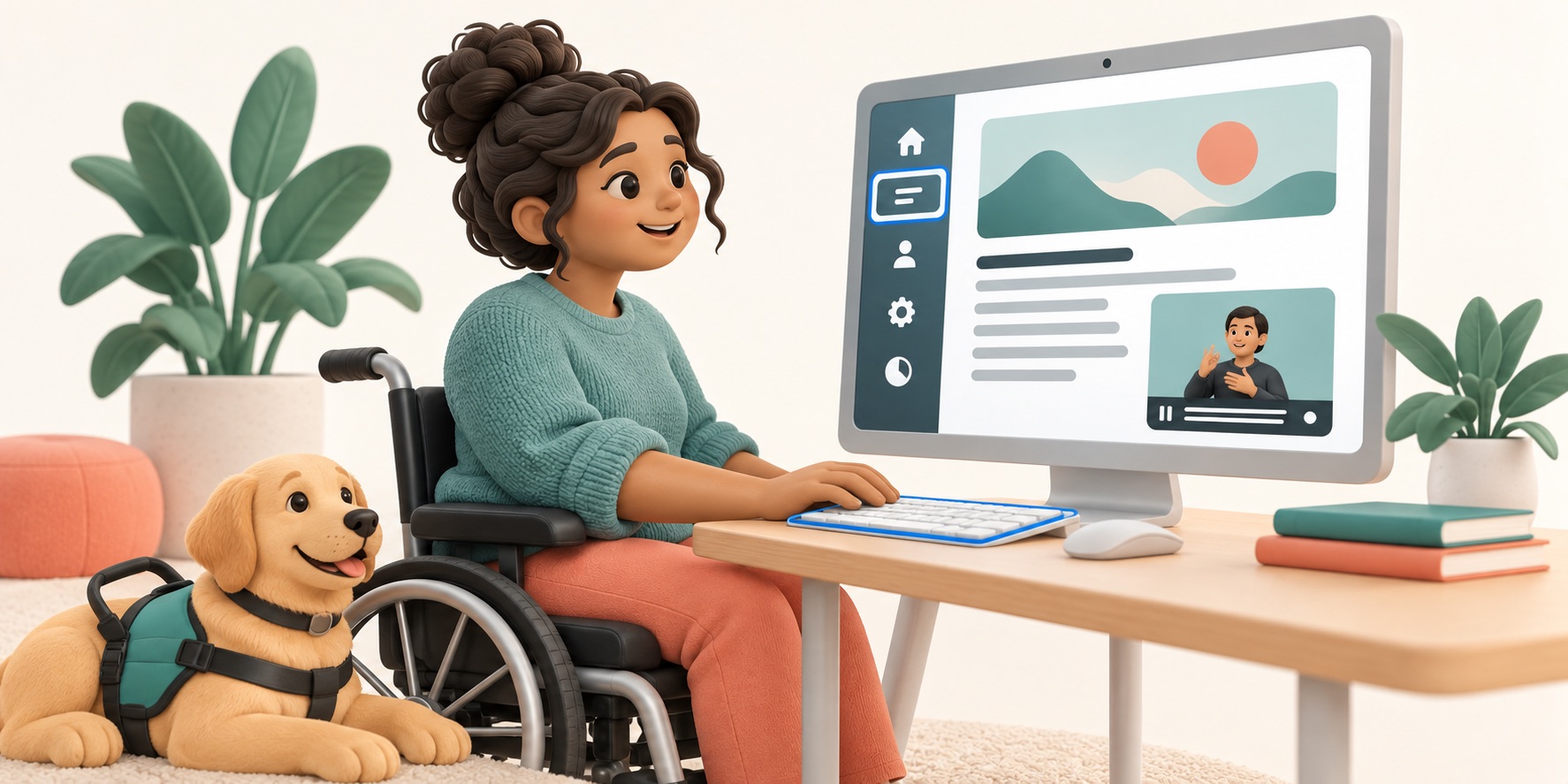 Different people use a clear screen with keyboard focus, readable text, and captions.