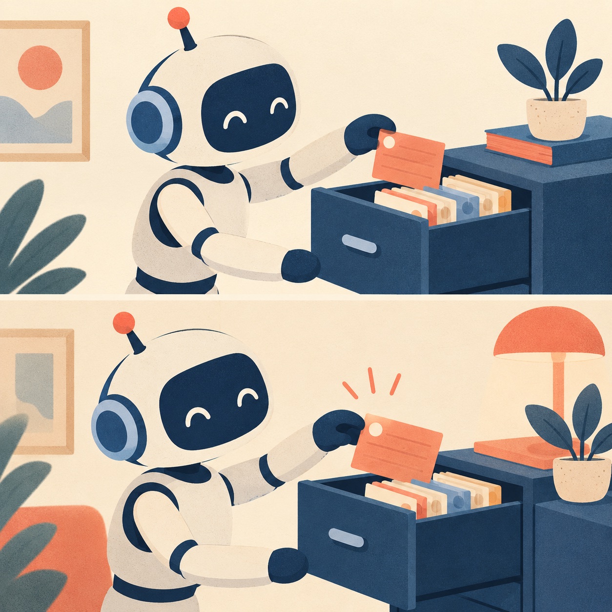 A small robot stores a note card in a drawer and retrieves it later.