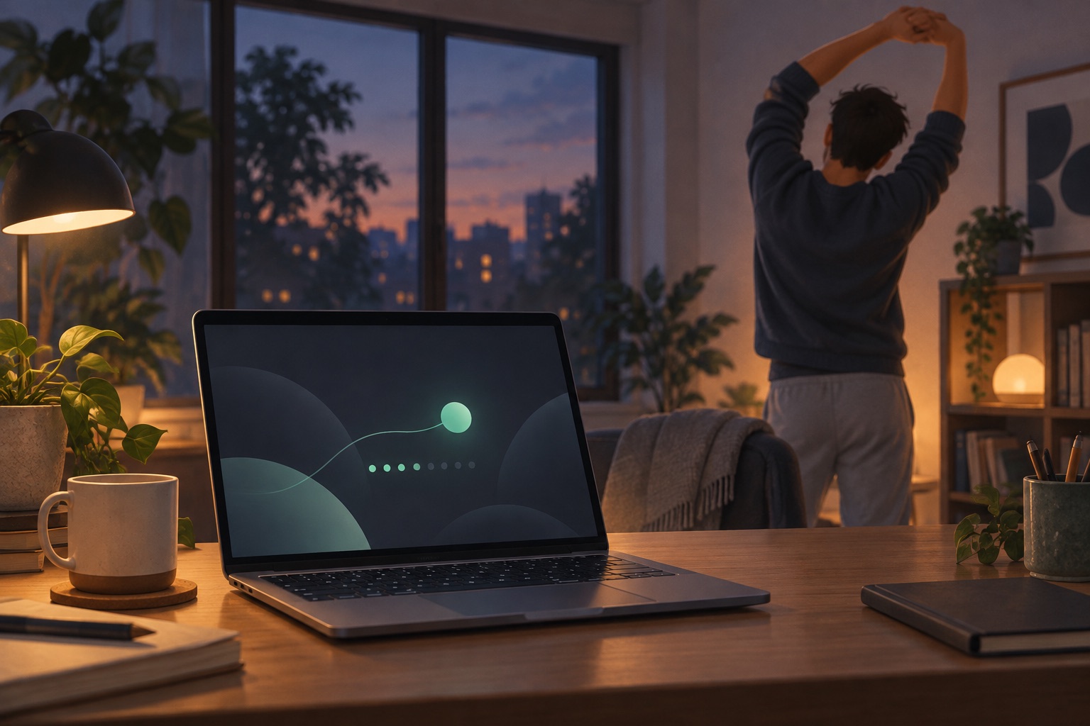 A person steps away from a laptop with a coding task still in progress.