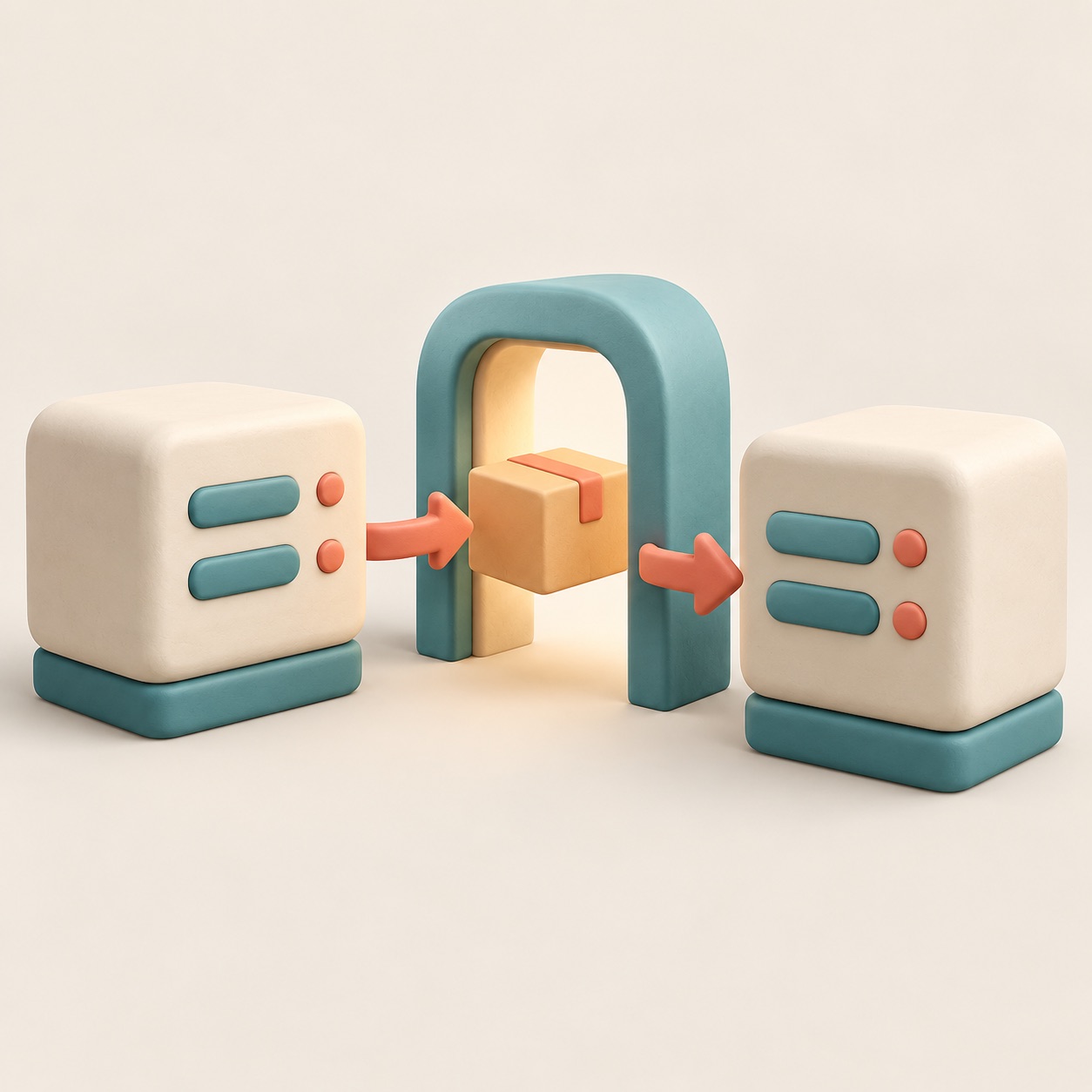 Two simple blocks exchange a small package through a shared opening.