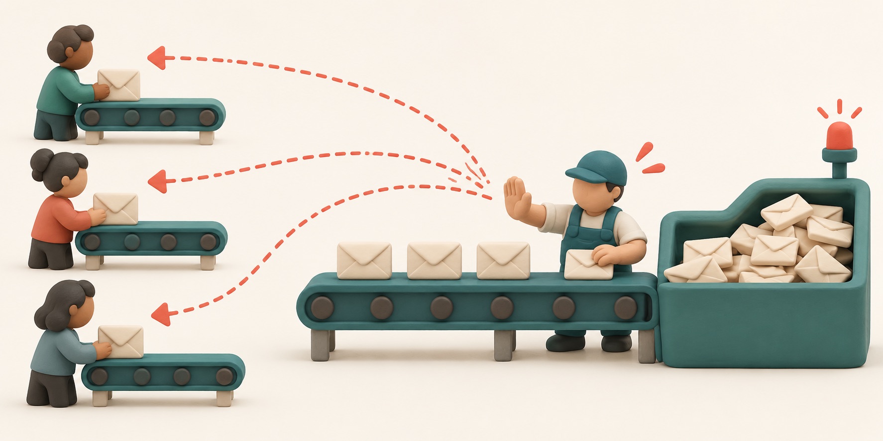 A slower worker signals senders to reduce the flow of messages.