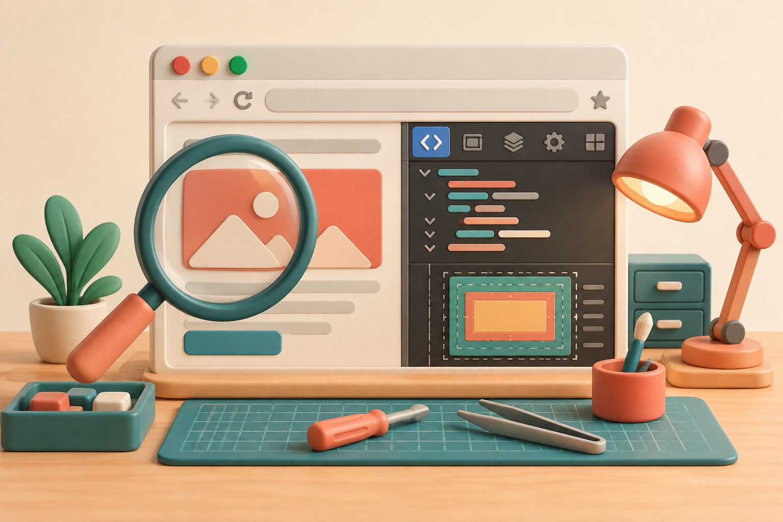 A browser page is examined through a small set of helpful tools.