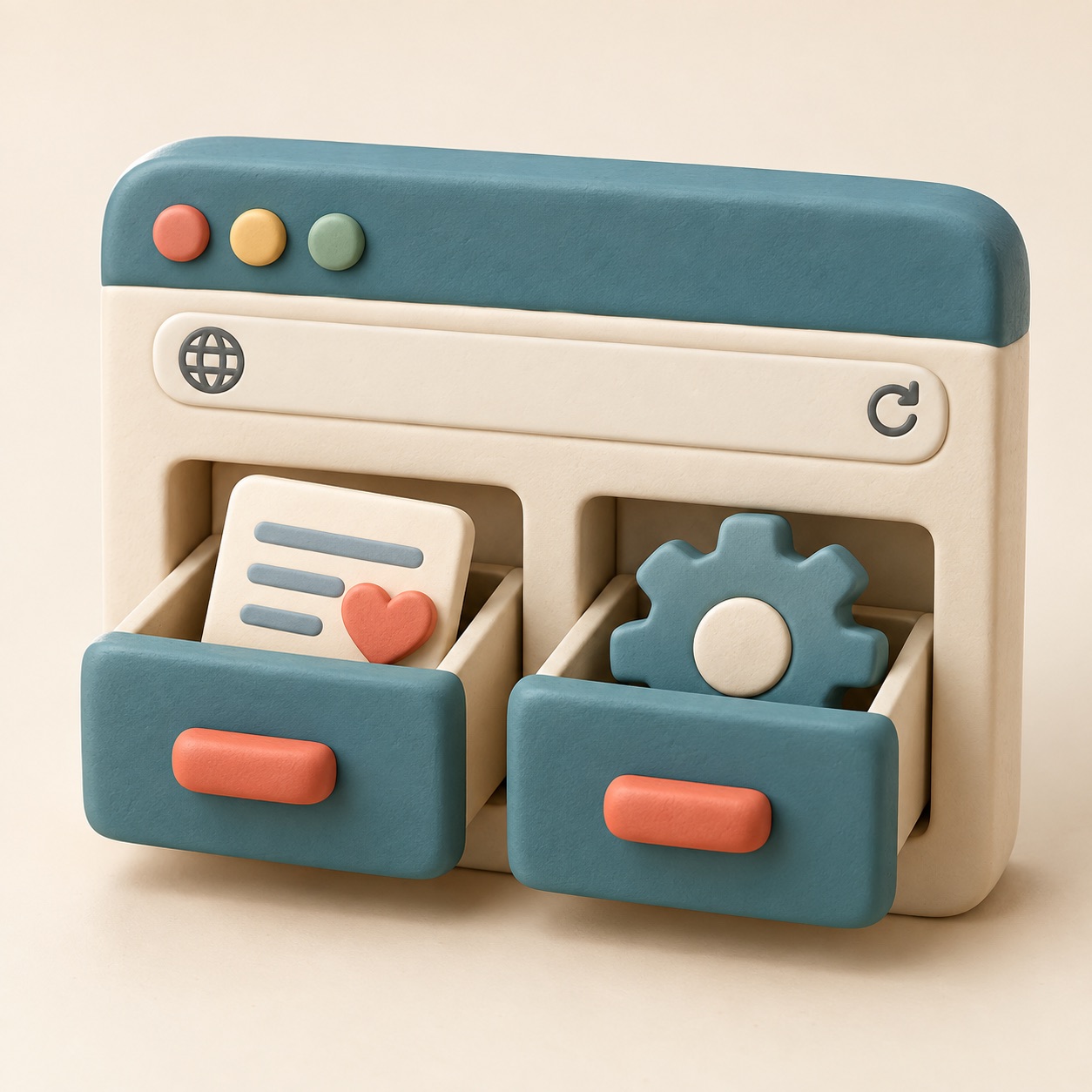 A browser-shaped drawer holds a few small saved notes.