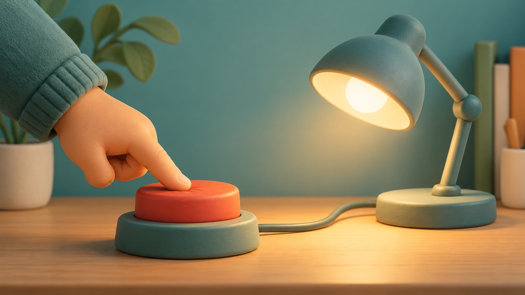 A finger presses a coral button that turns on a desk lamp.