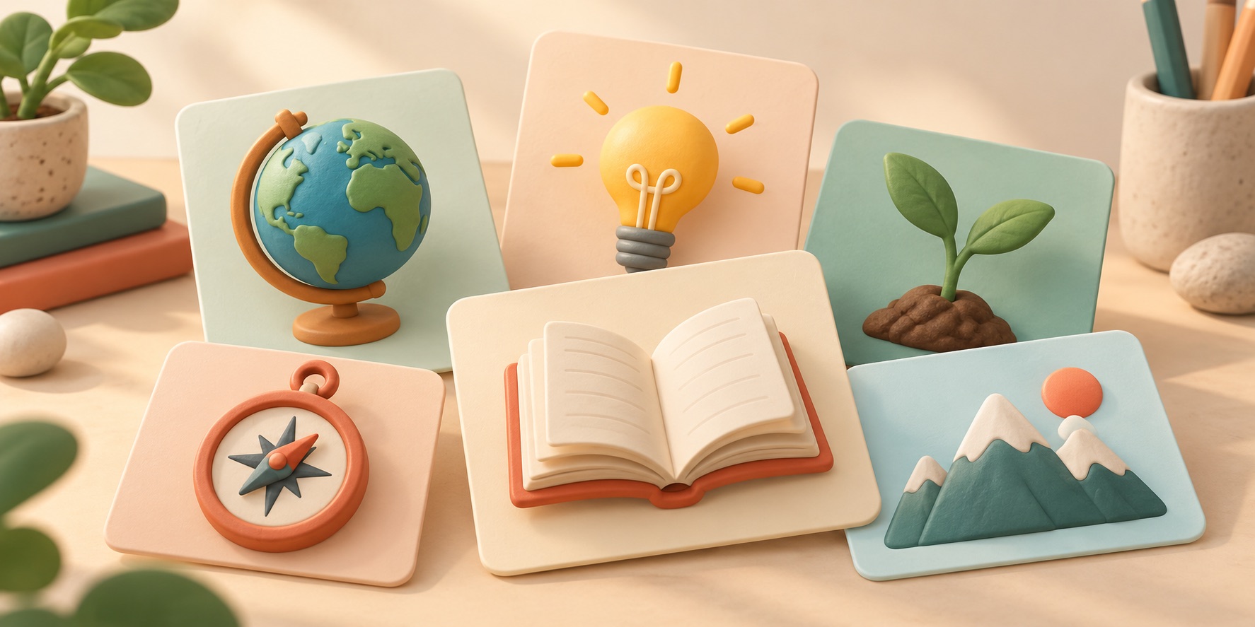 A few paper-like cards each hold a small, separate group of objects.
