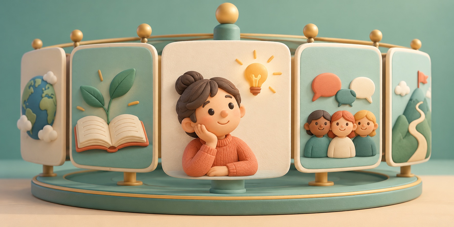 Several picture panels sit on a simple circular track, one in front.