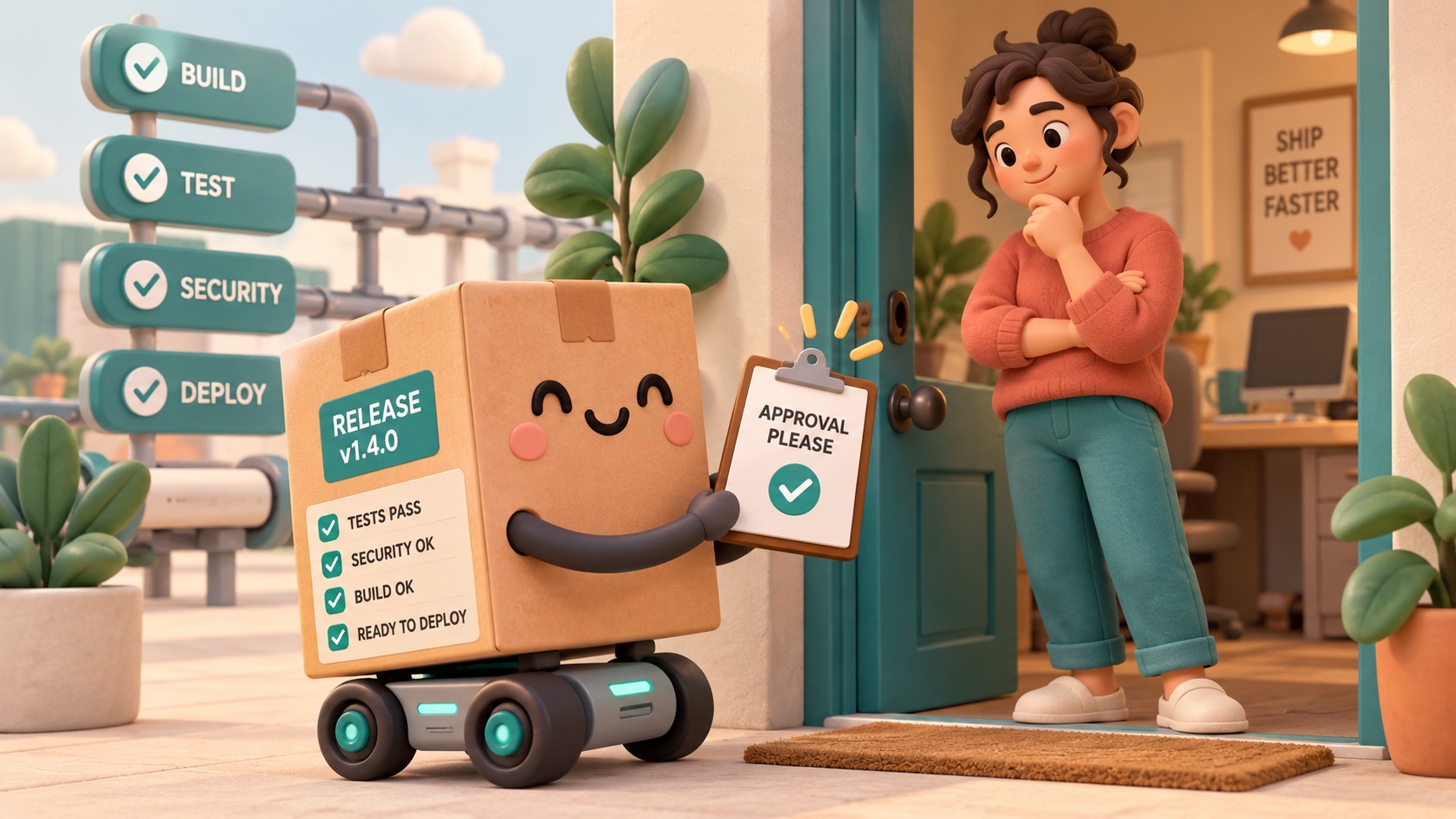 A checked package waits at a release door for a person to approve it.