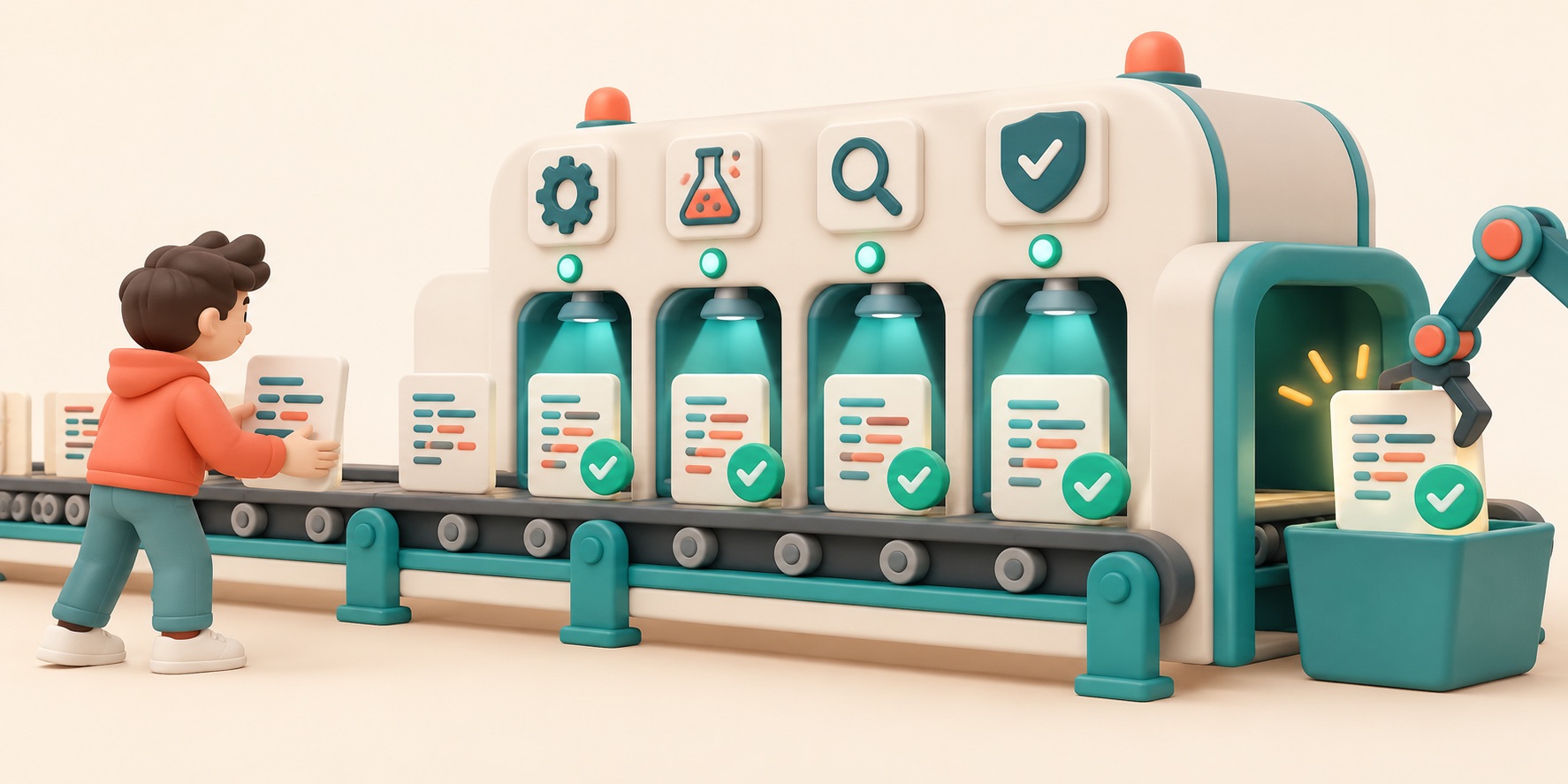 New project pieces pass through an automated quality-check station.