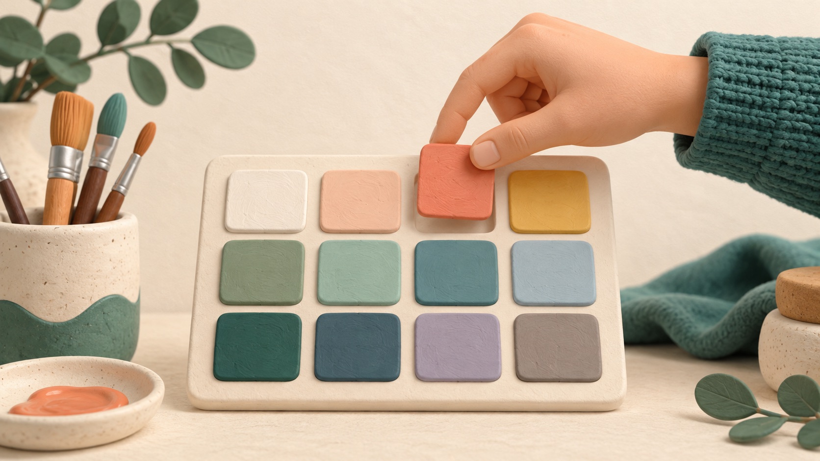 A hand chooses a warm coral color from a simple palette.