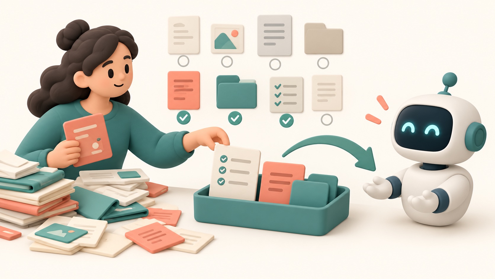 A person selects useful notes and files to give an AI before a task.