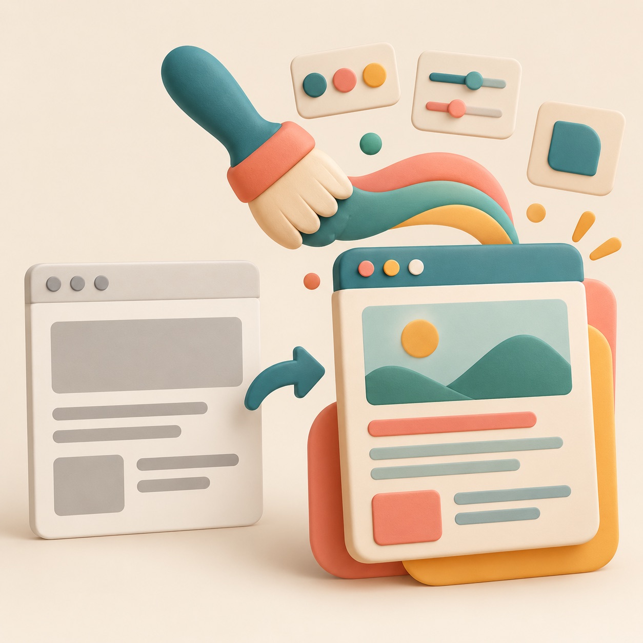A plain page gains color, spacing, and shape from a style layer.