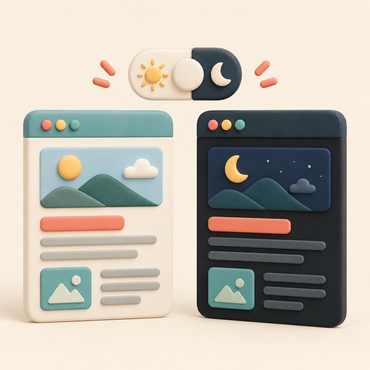 A light page and a dark page show two color themes side by side.