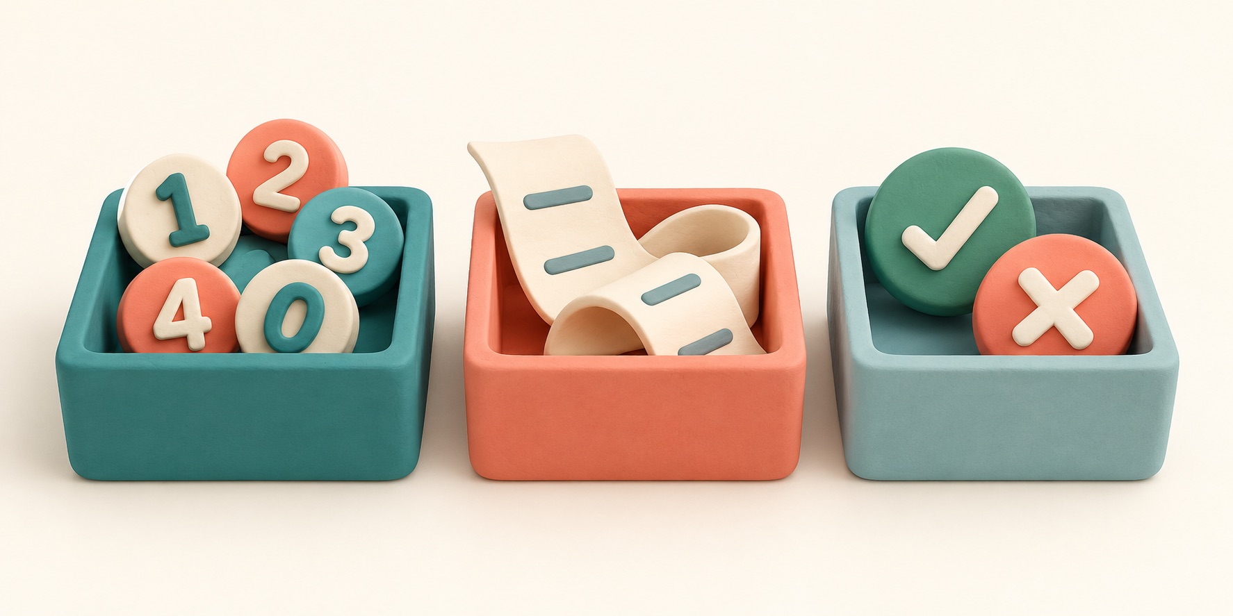 Different values fit into boxes meant for numbers, text, and yes-or-no choices.