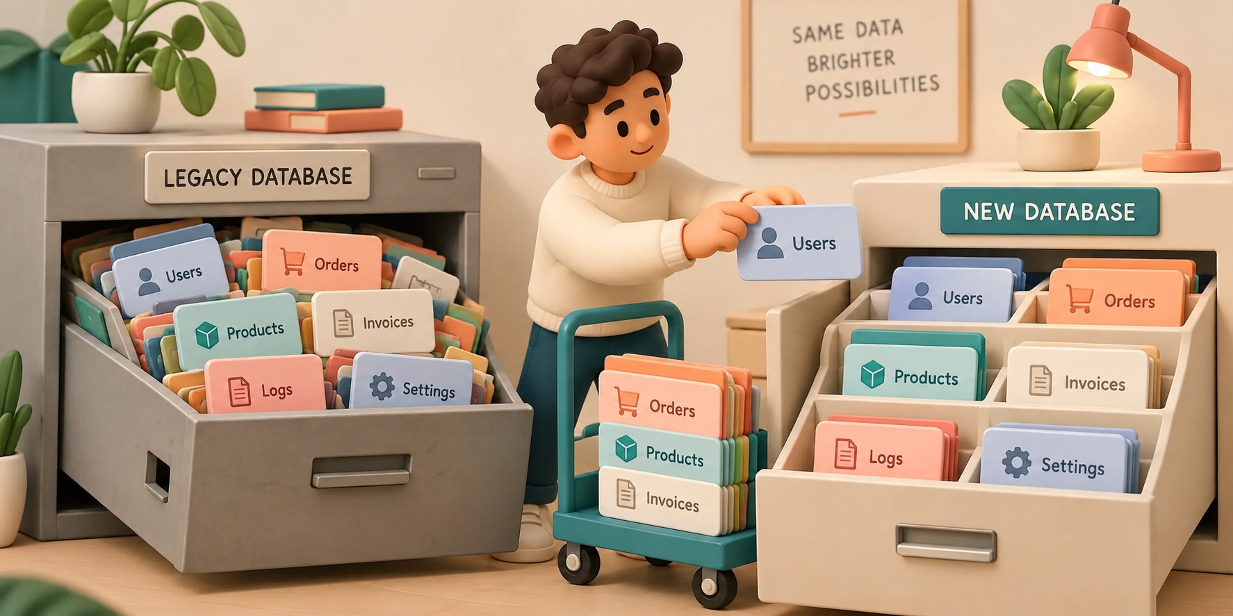 Information is carefully moved from one organized drawer layout to another.