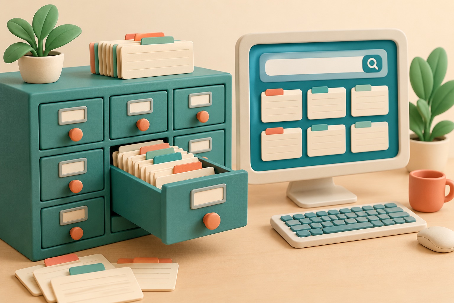 Neatly organized information cards are kept in a searchable cabinet.