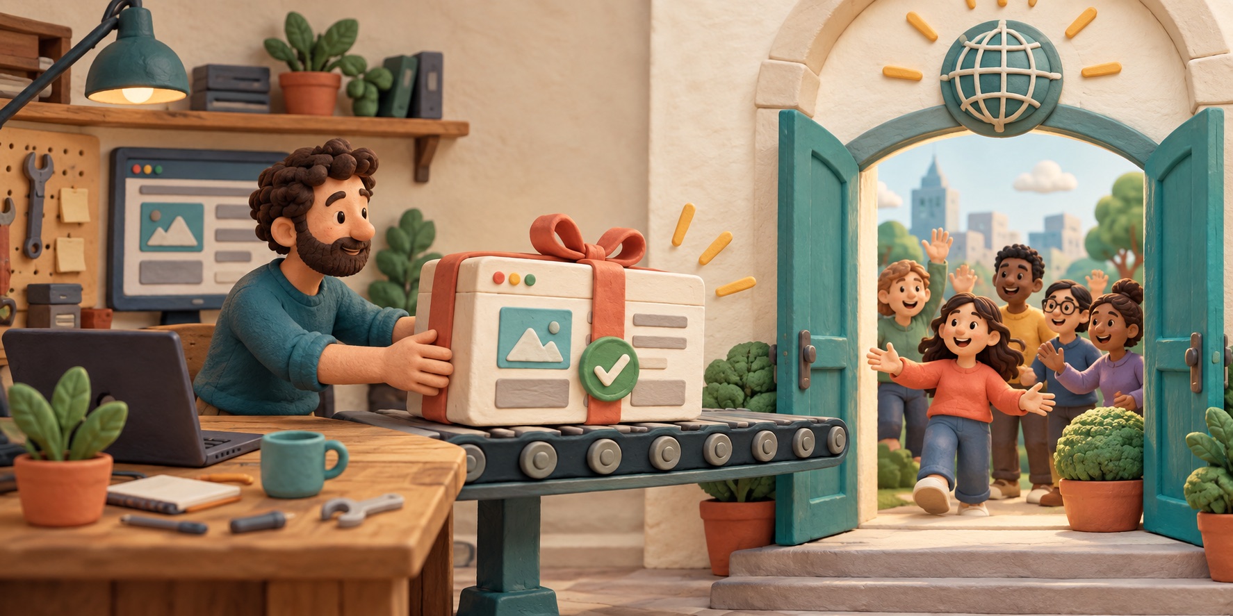 A finished website package moves from a workbench to a public doorway.