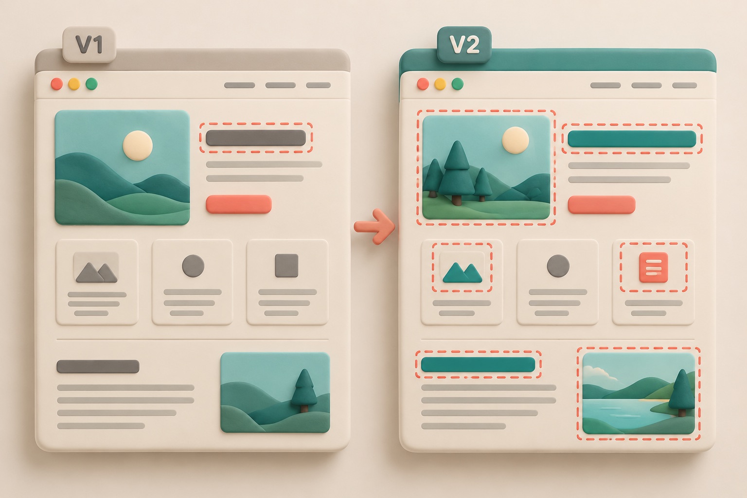 Two versions of a page sit side by side with their changed parts highlighted.