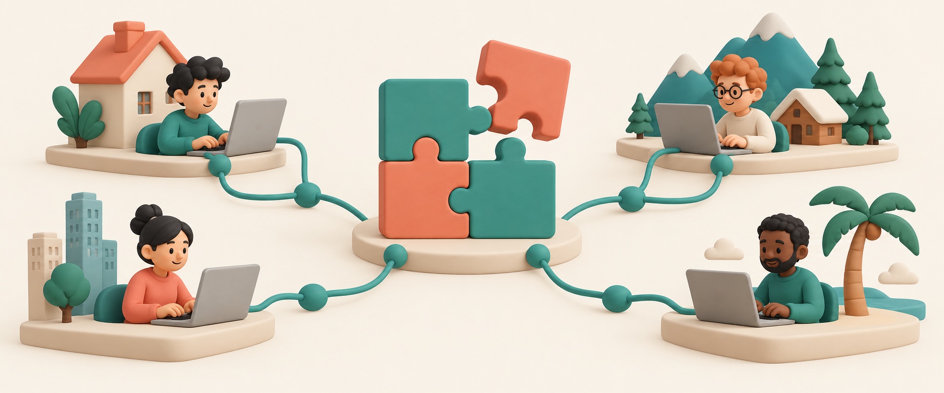 Separate computers in different places cooperate over connections to complete a task.