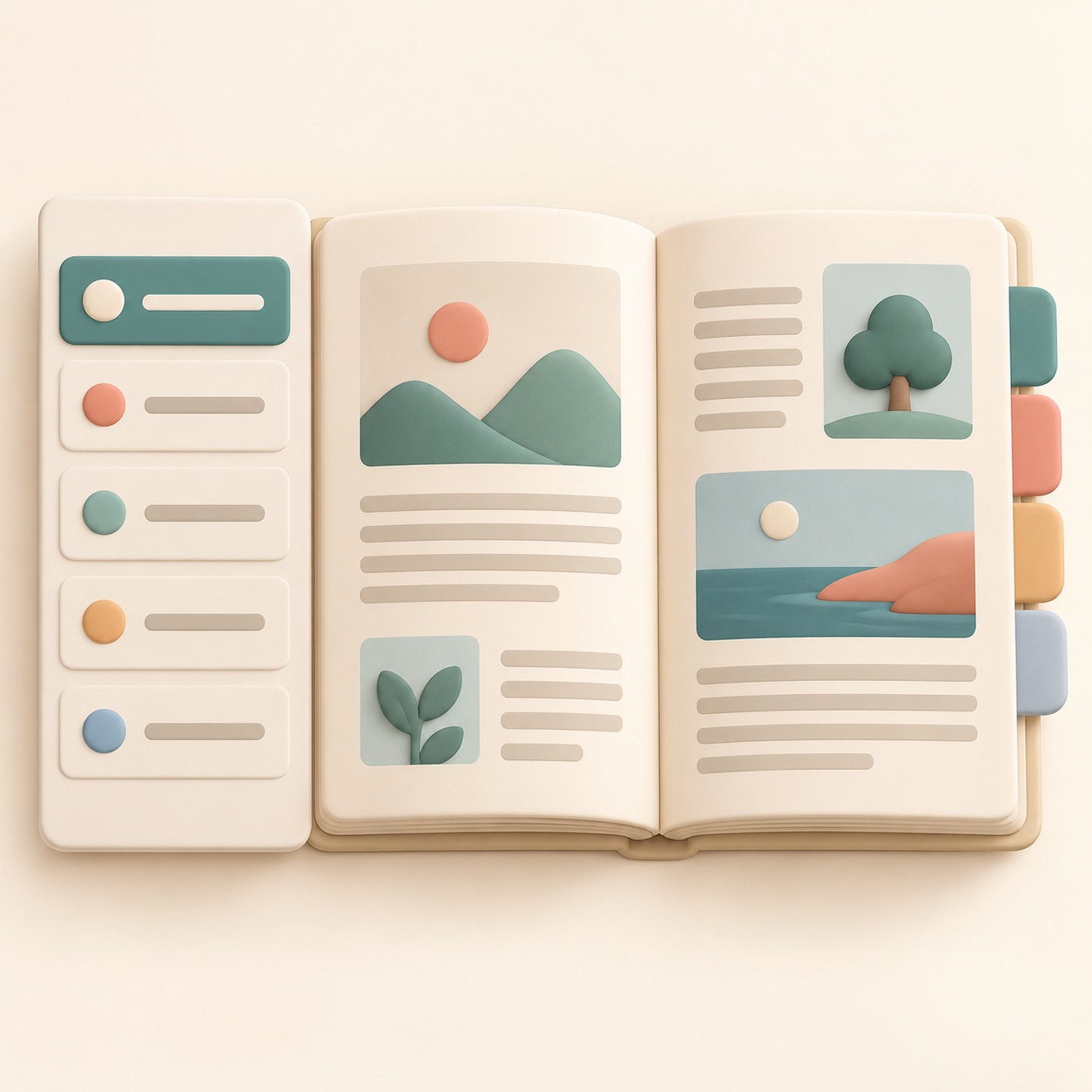 A readable page sits beside a simple table of contents.