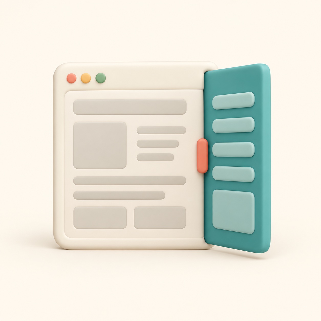 A slim side panel slides out beside a larger page.