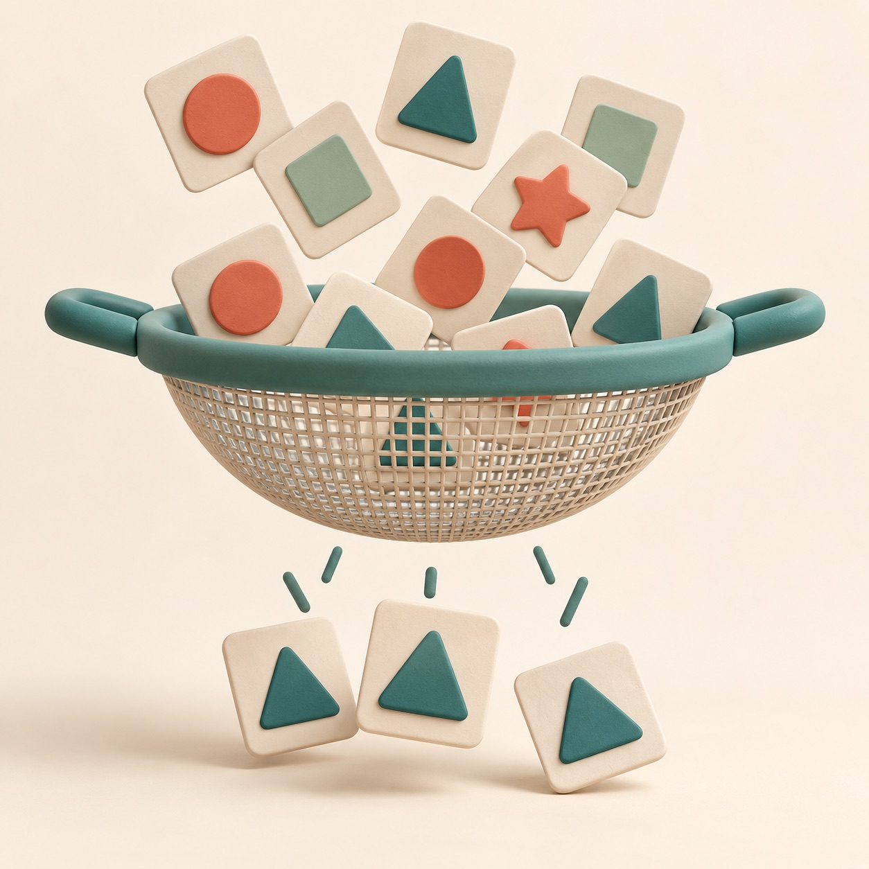 A group of cards passes through a simple screen, leaving a smaller set.