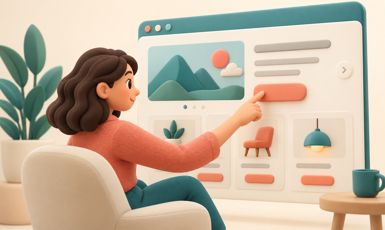 A visitor uses the visible buttons and cards on a website page.