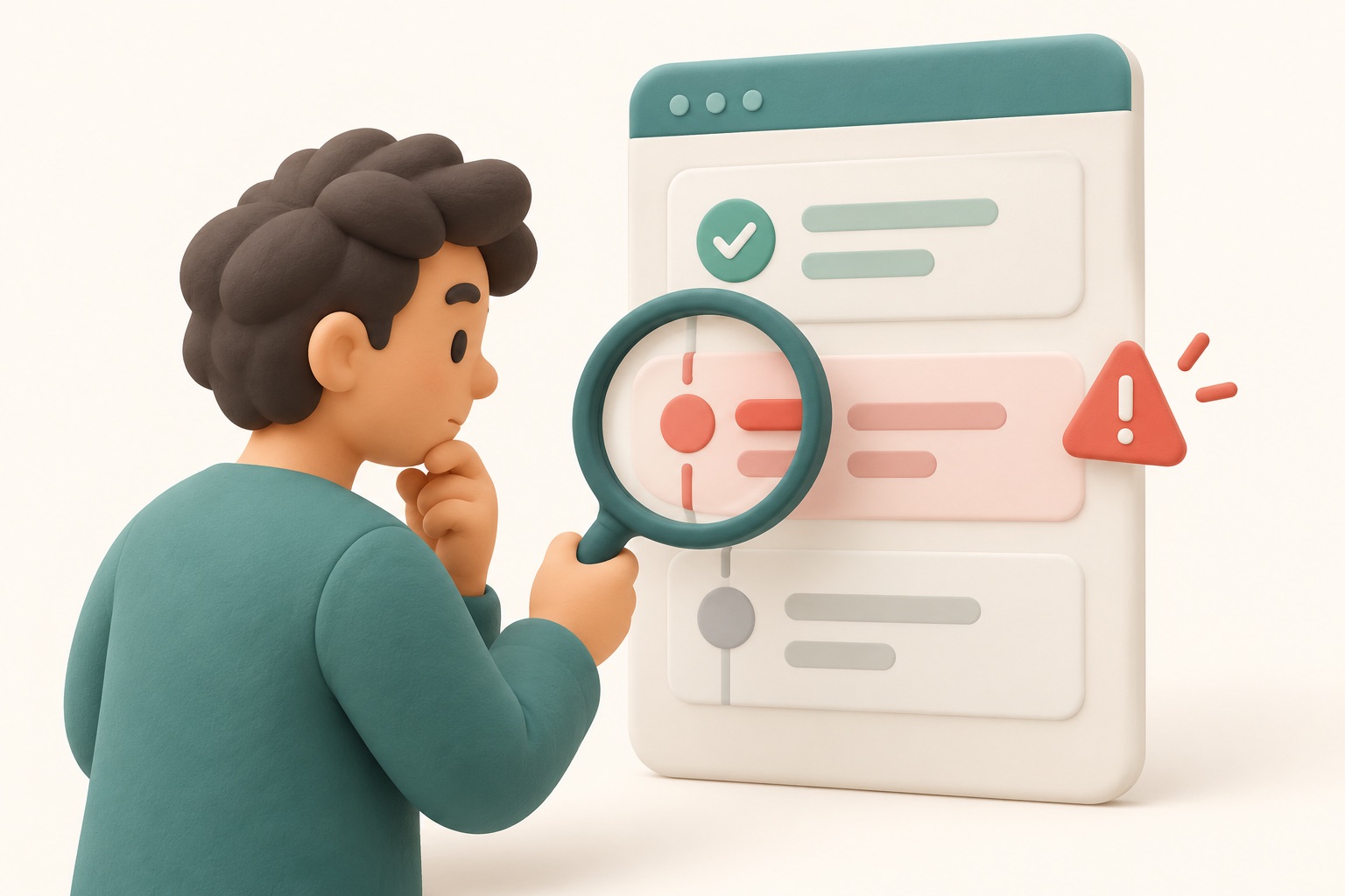 A reviewer uses a magnifying glass to spot a confusing step on a simple app screen.