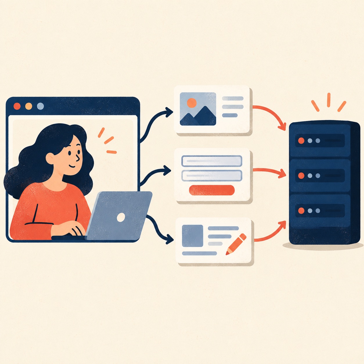 A browser sends different request cards to a server to view, submit, or update information.