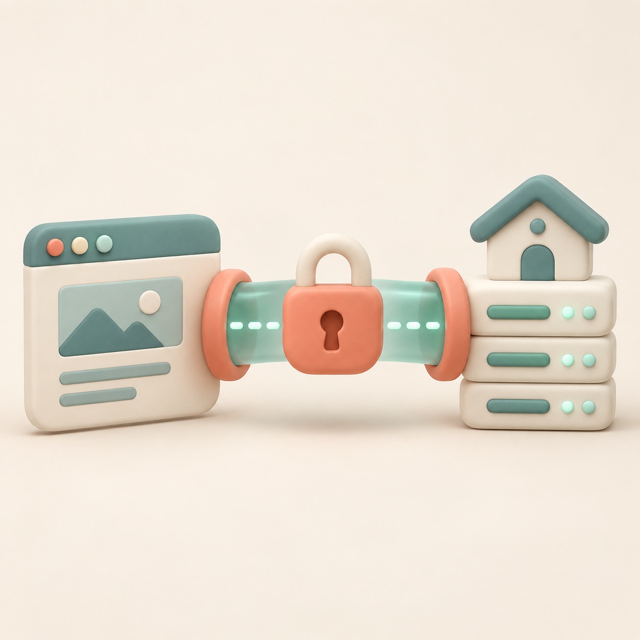 A secure path connects a browser card to a website card.