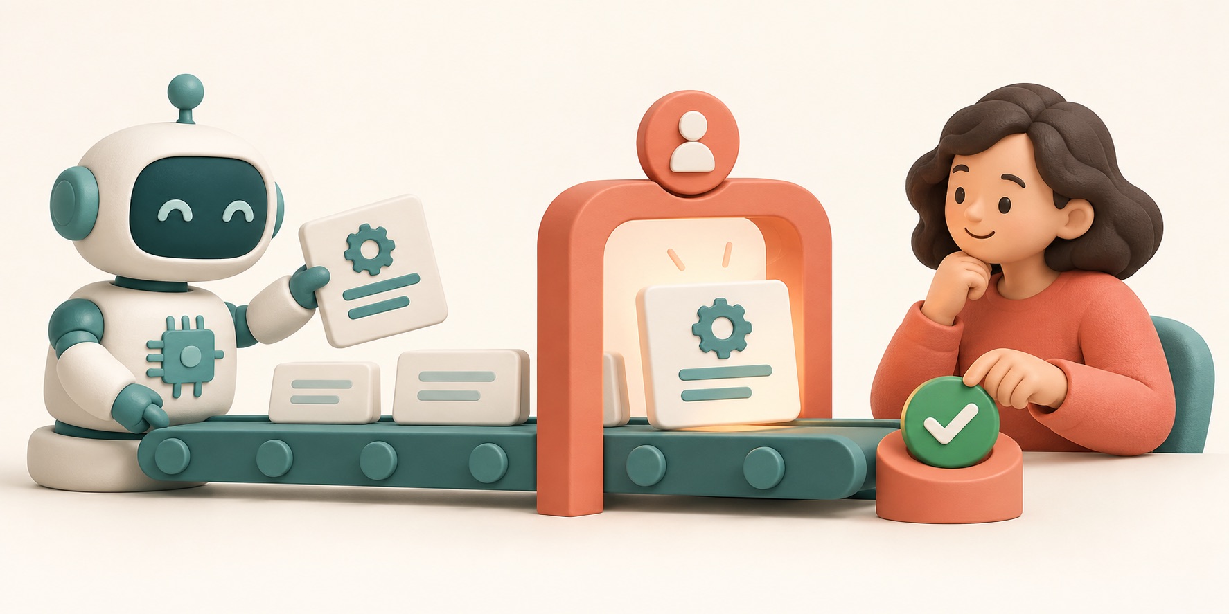 An AI suggestion pauses at a checkpoint for a person to review and approve.