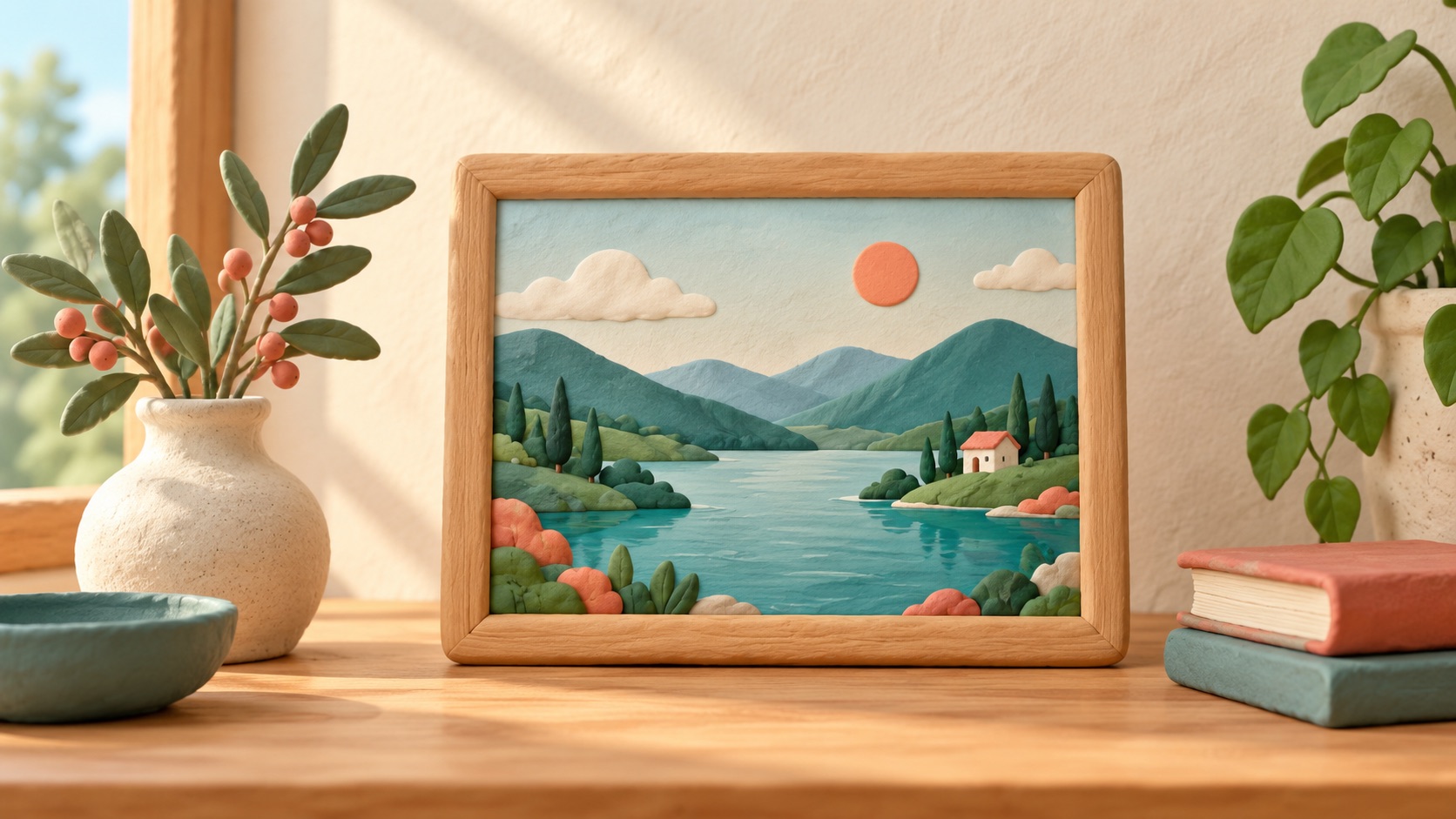 A framed landscape picture rests on a simple shelf.