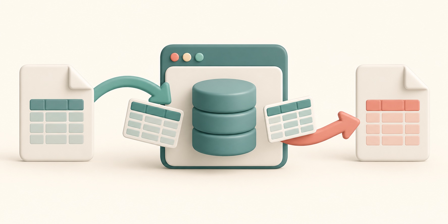 A table of records moves into an app from a file and back out to another file.