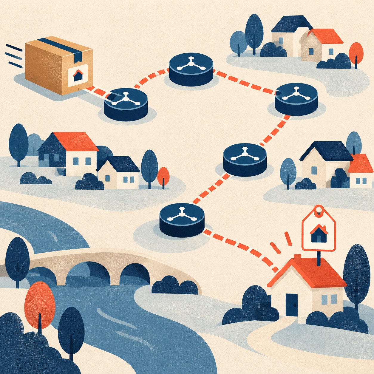 A parcel travels through a network route to its destination house, marked with an address tag.