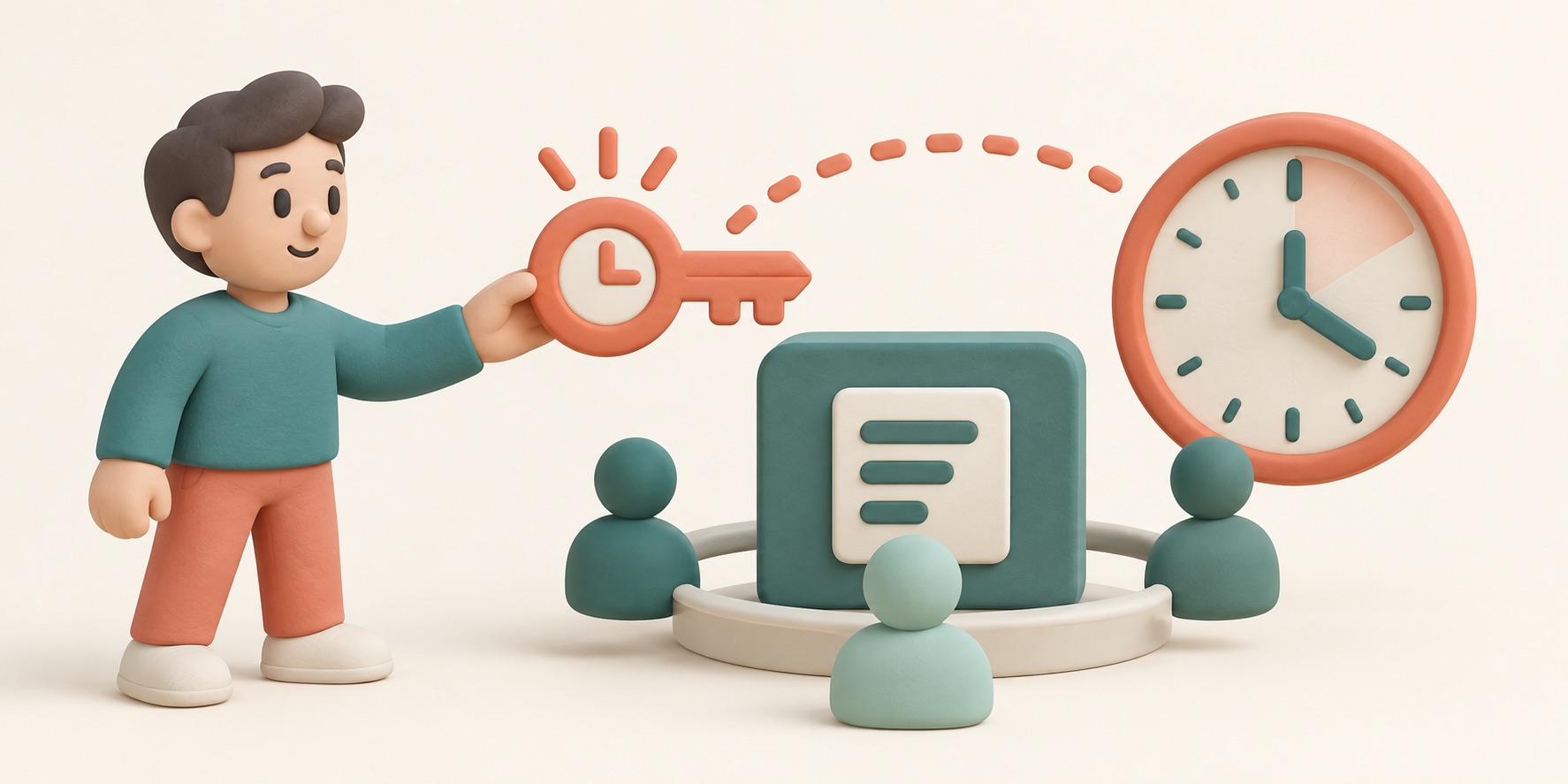 A worker holds a temporary key to a shared task while a clock marks its time limit.