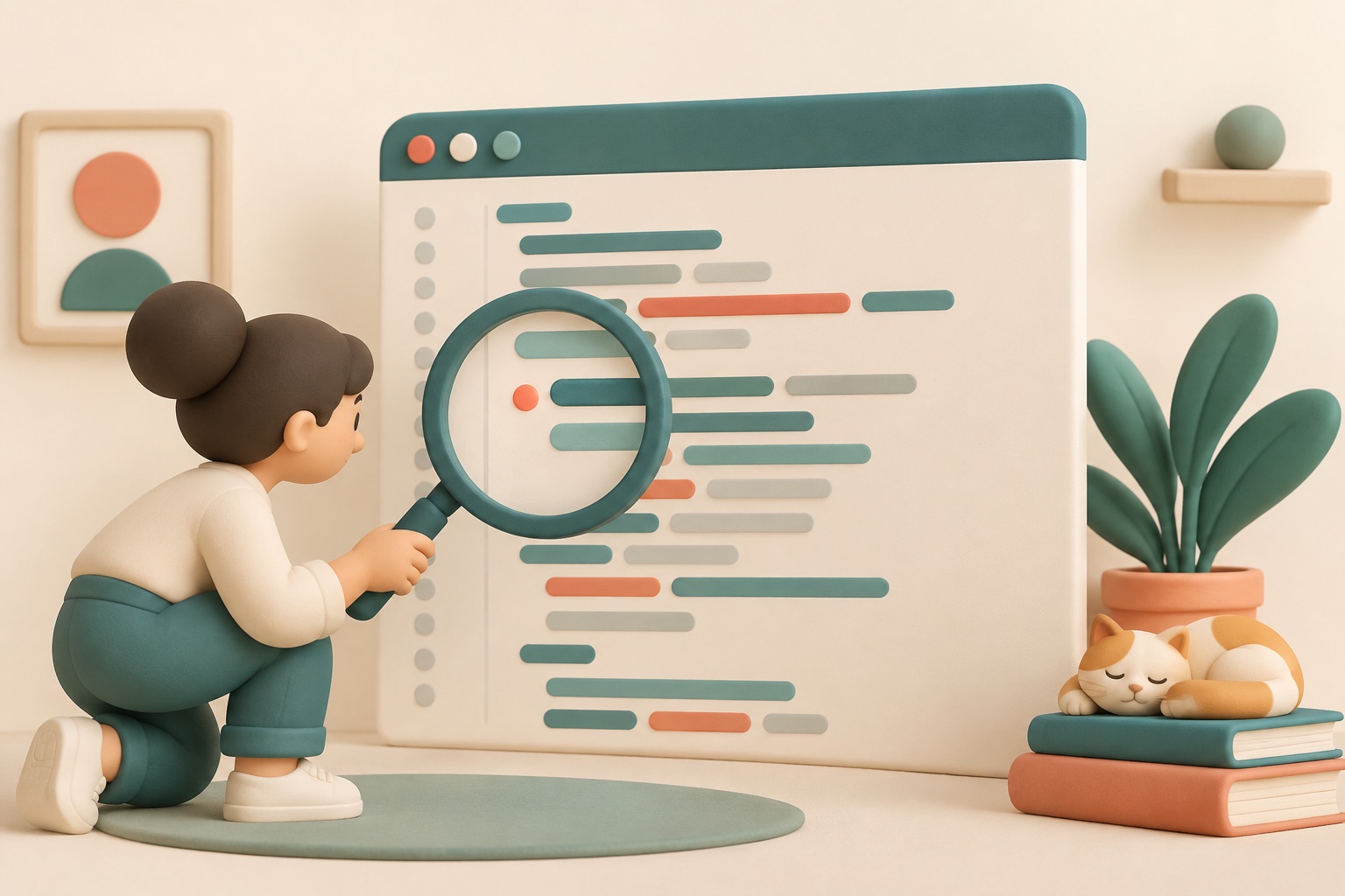 A magnifying tool finds small marks in a tidy code page.