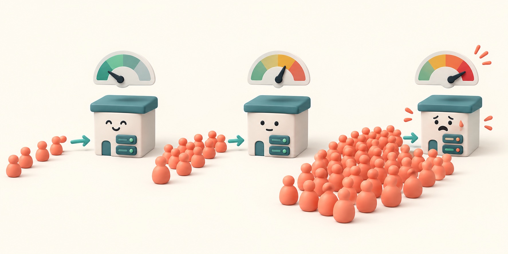 A service is tested with a growing number of visitor requests to see when it slows.