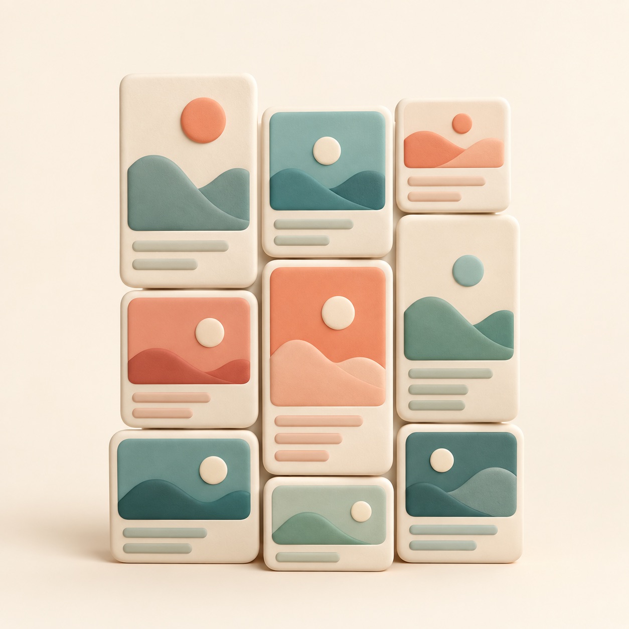 Cards of different heights fit together in staggered columns.