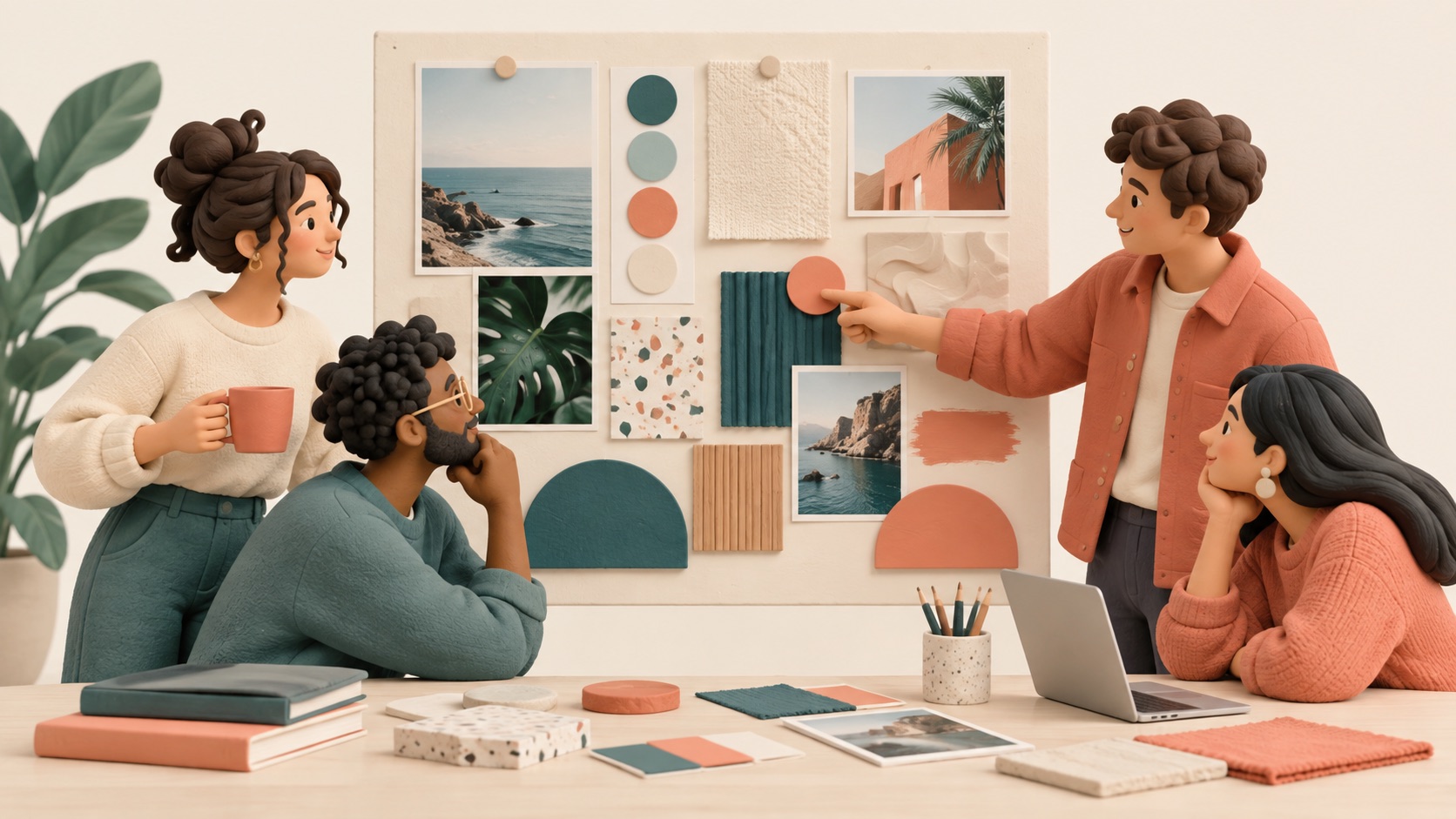 A team gathers colors, pictures, textures, and shapes on a shared board.