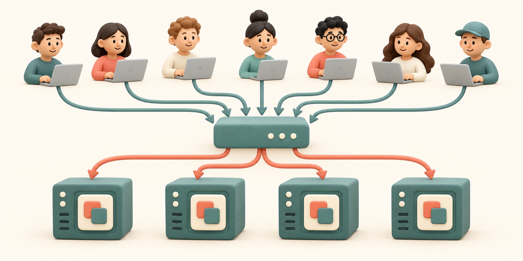 Several matching servers share requests from many users.
