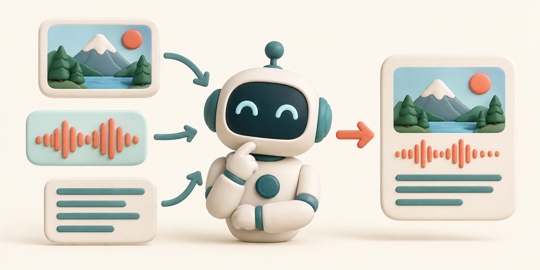 An AI receives a picture, sound, and written words and combines the clues.