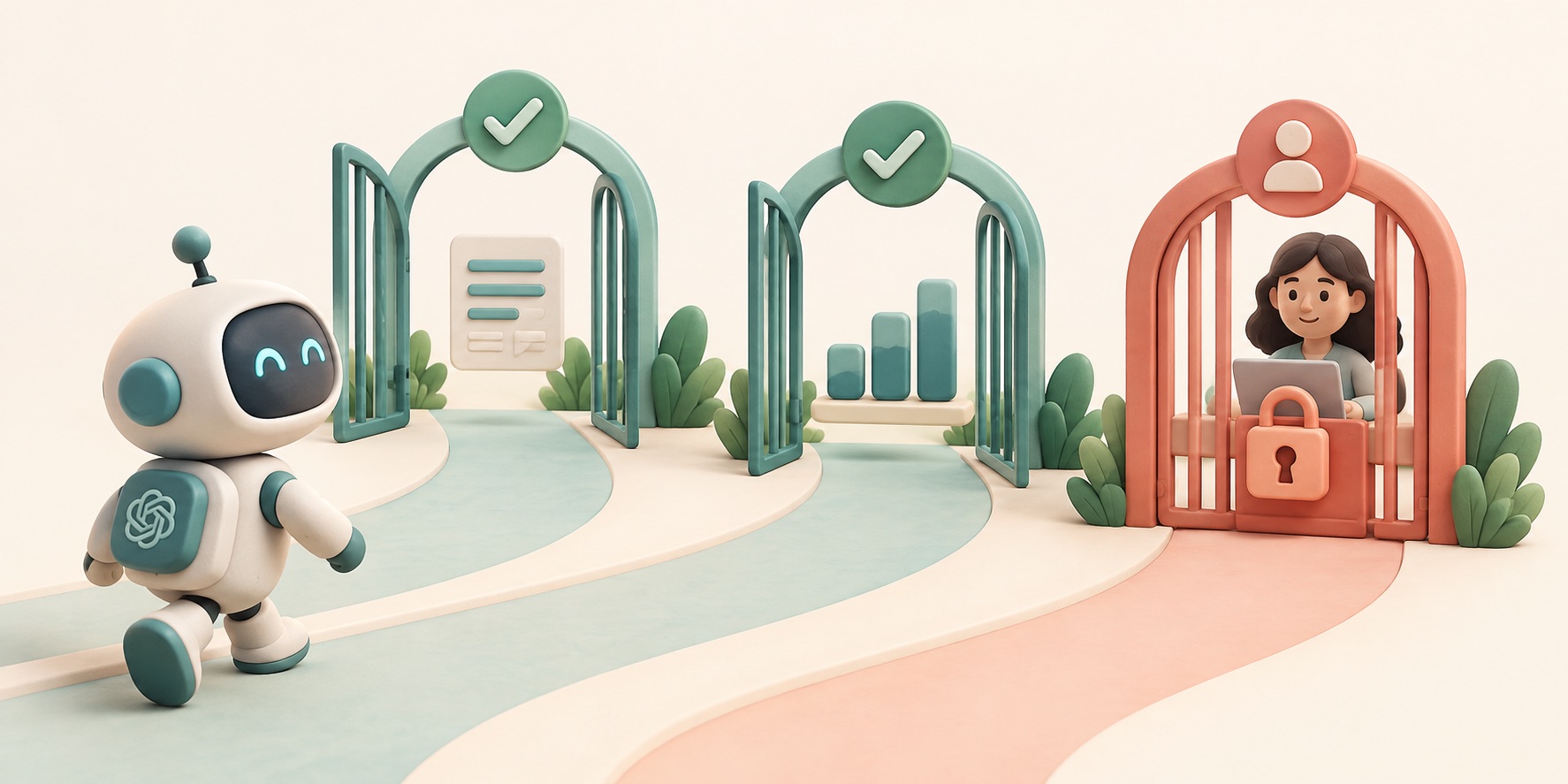 An AI helper can pass approved gates but pauses for human approval on a sensitive action.