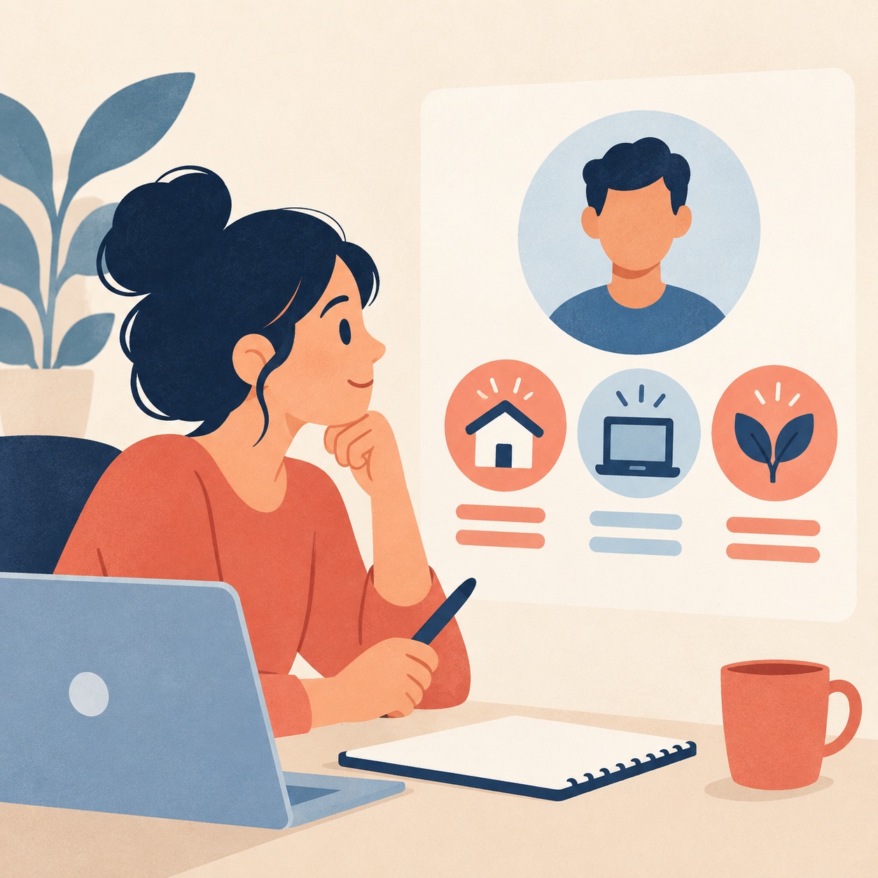 A designer considers a simple profile card and clues about a user's needs.