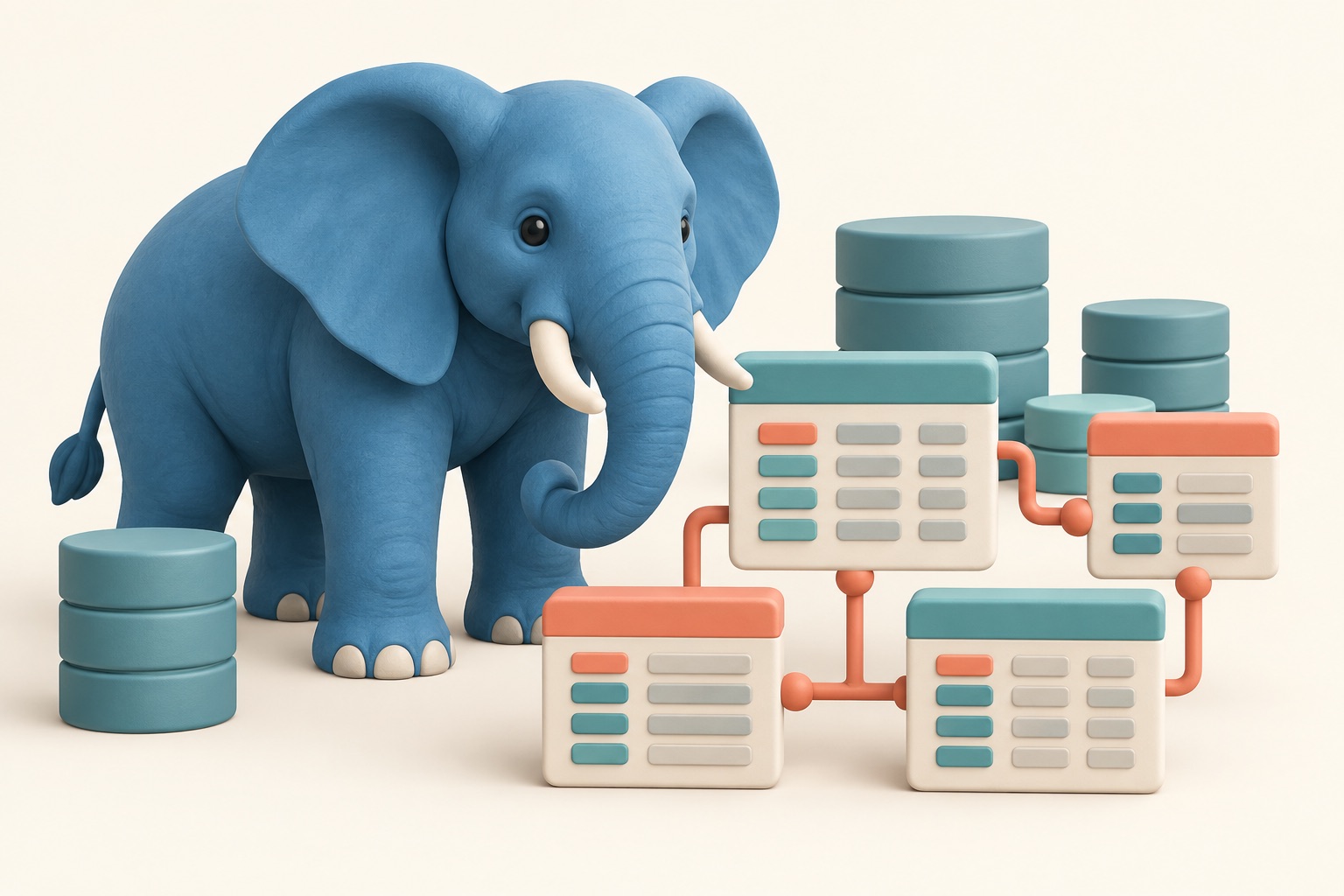 Organized database tables and connected records sit beside a friendly blue elephant.