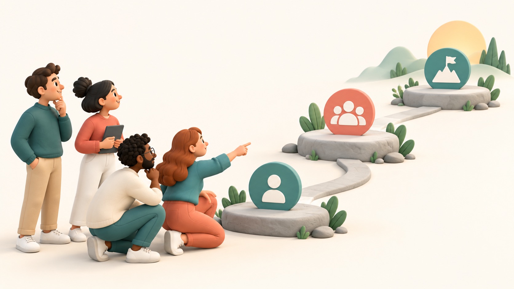 A team looks ahead across a few product goals arranged by time horizon.