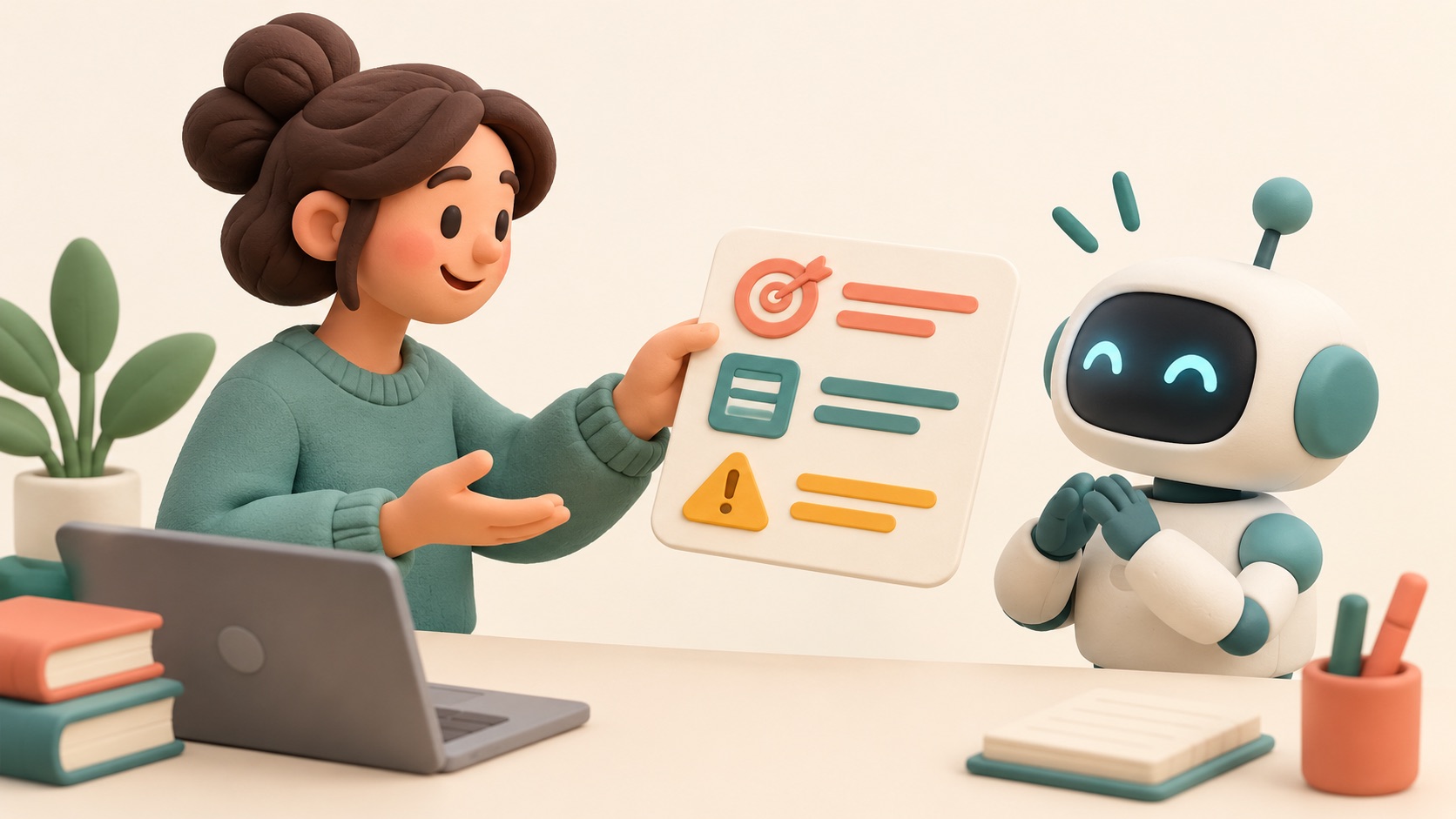 A person gives an AI assistant a task card with a goal, background, and limits.