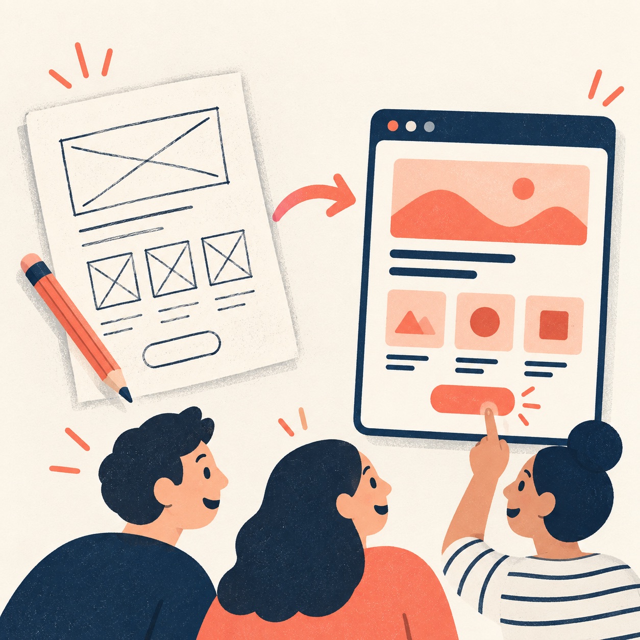 A paper sketch develops into a simple screen mockup that can be tested.