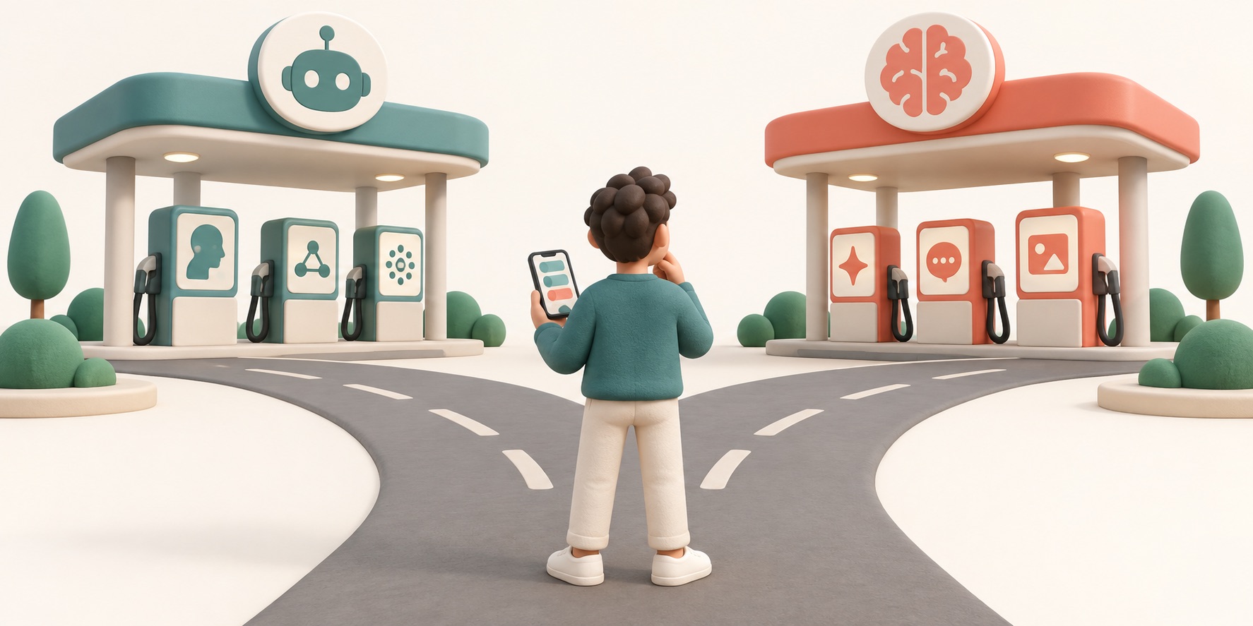A person chooses between service stations that provide different AI capabilities.