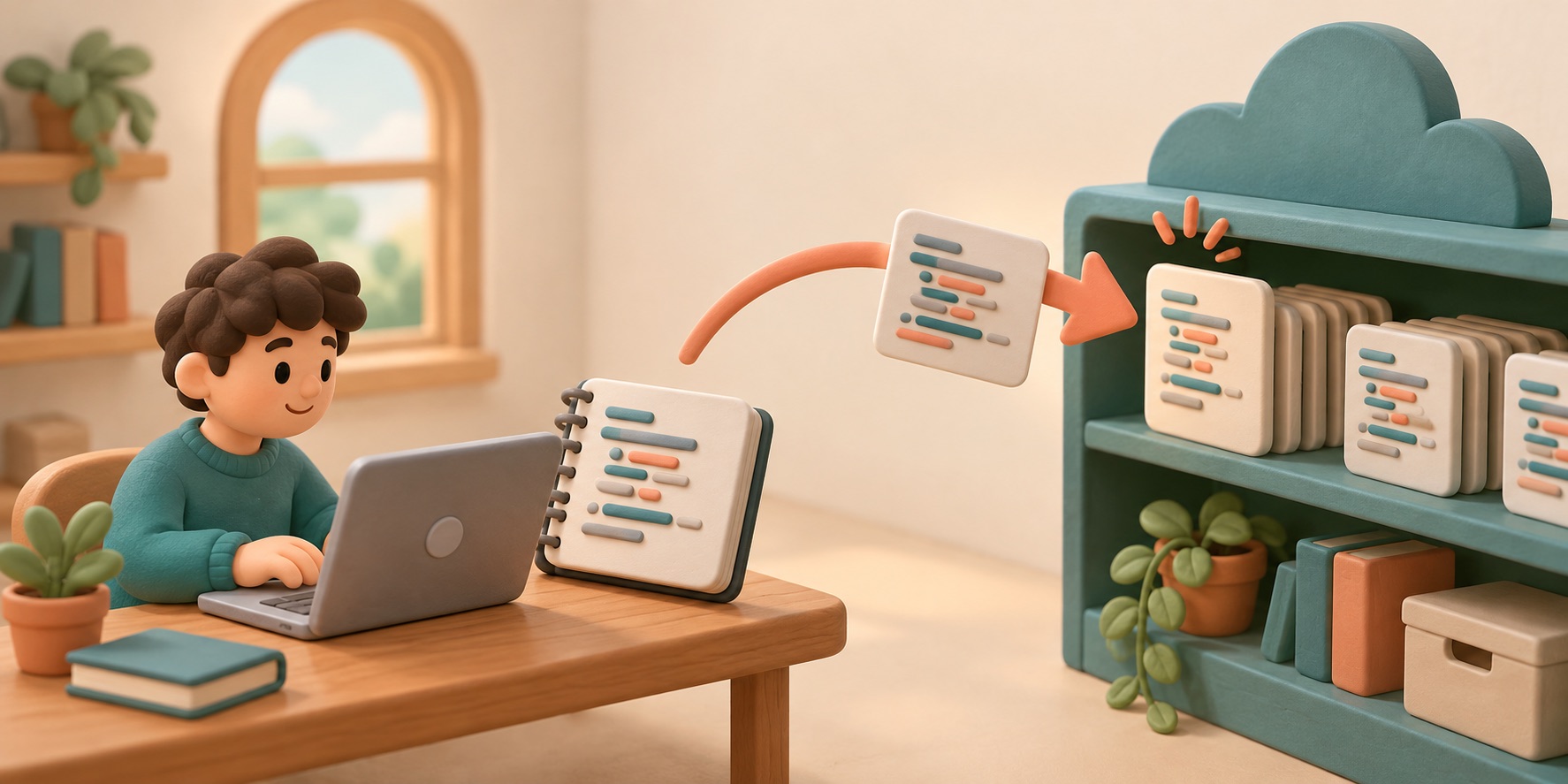 A saved project update moves from a local notebook to a shared shelf.