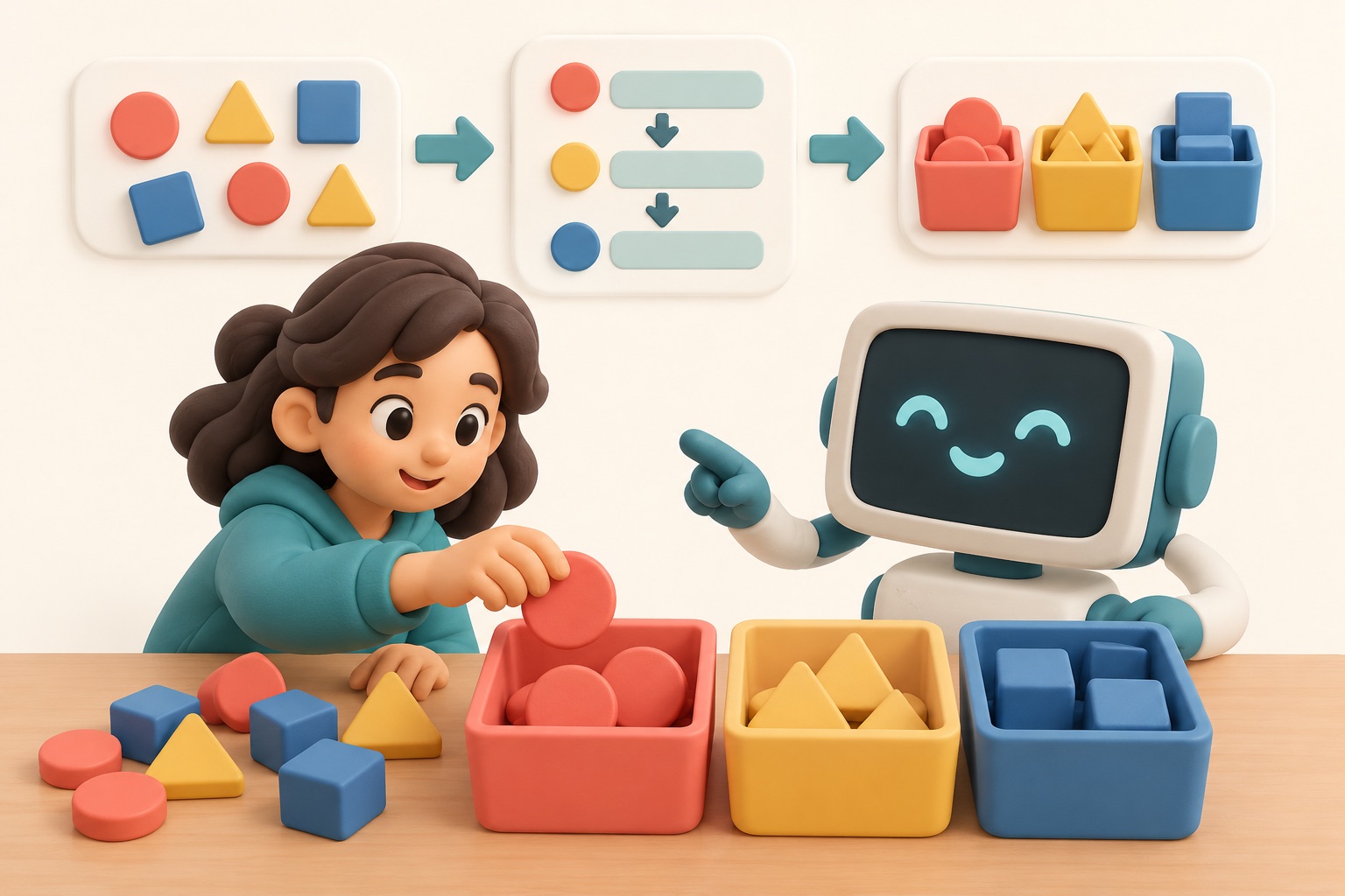 A beginner follows a readable set of instructions to organize objects.