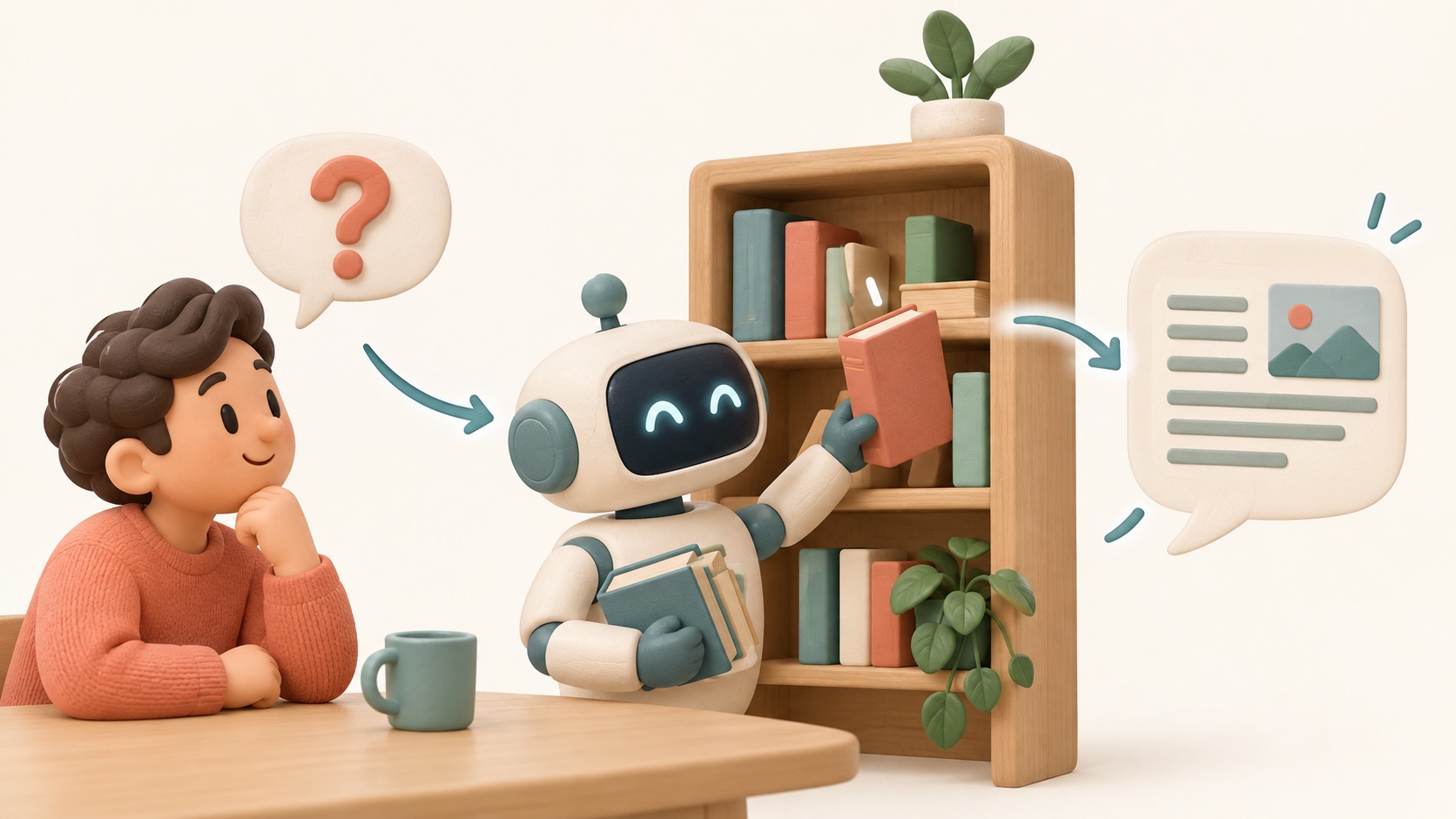 An AI assistant finds useful pages on a shelf before answering a question.